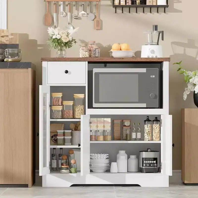 Mobiletto da cucina per microonde con contenitore, con 3 ante, 1 cassetto e ripiani regolabili, mobiletto dispensa