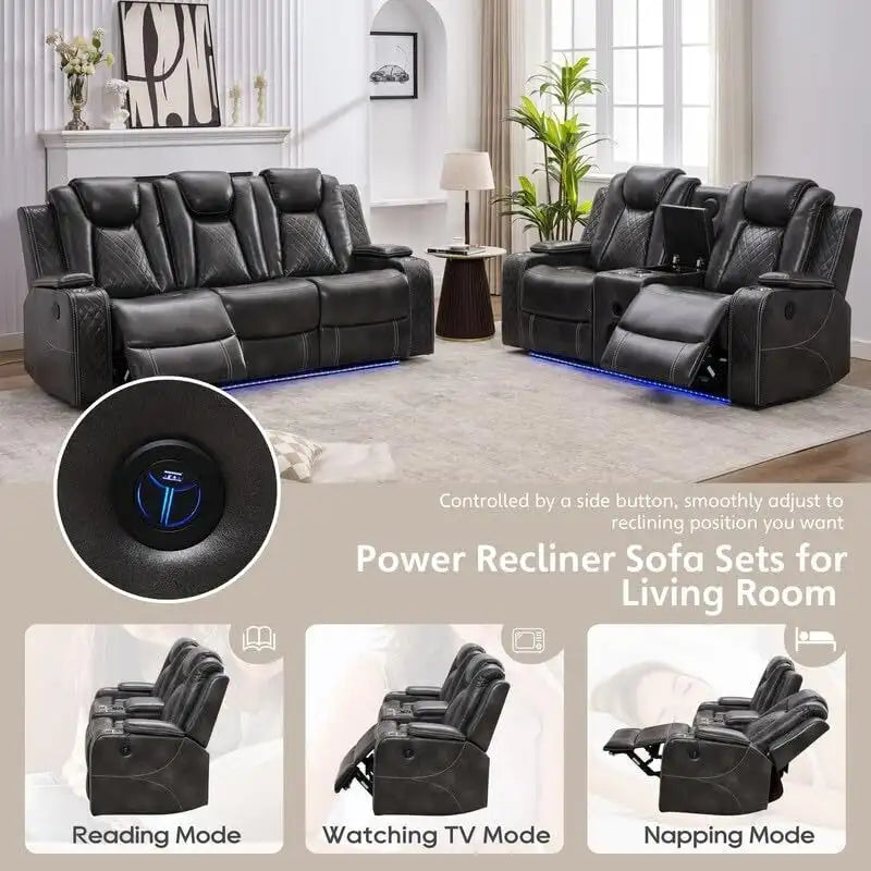 Divano Reclinabile Elettrico con Caricatore Wireless, Luce da Lettura per Soggiorno, Luce LED in Similpelle, Porta AC/USB, Portabicchieri, Nero