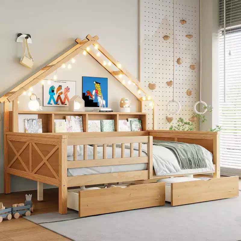 Struttura letto a casetta a grandezza naturale con cassetti, letto a piattaforma a casetta con luci LED, mensole e cassetti portaoggetti, divano letto in legno con tetto e sponda
