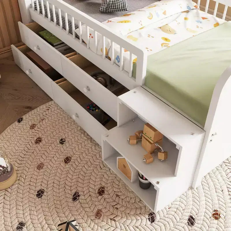 Letto a soppalco basso Whisen con luci a LED, testiera a forma di casetta e cassetti portaoggetti, struttura solida