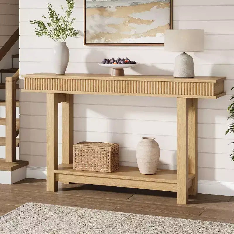 Consolle in legno scanalato stile fattoria a 2 ripiani con scaffale portaoggetti rettangolare stretto, tavolo da ingresso dietro il divano per foyer, corridoio, soggiorno