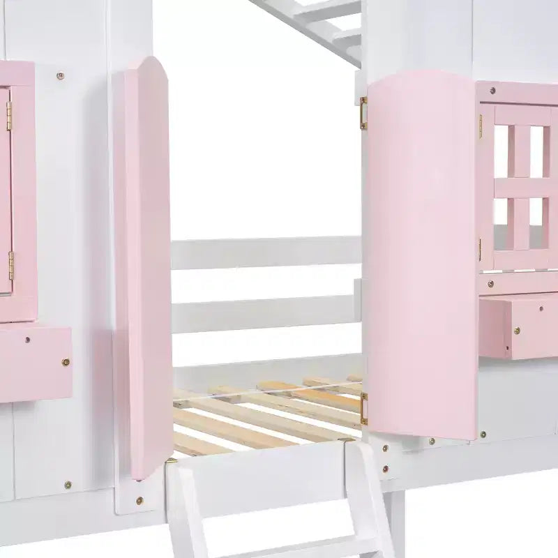 Letto a soppalco a forma di casetta con scaletta e spondine per bambini, in legno, misura singola