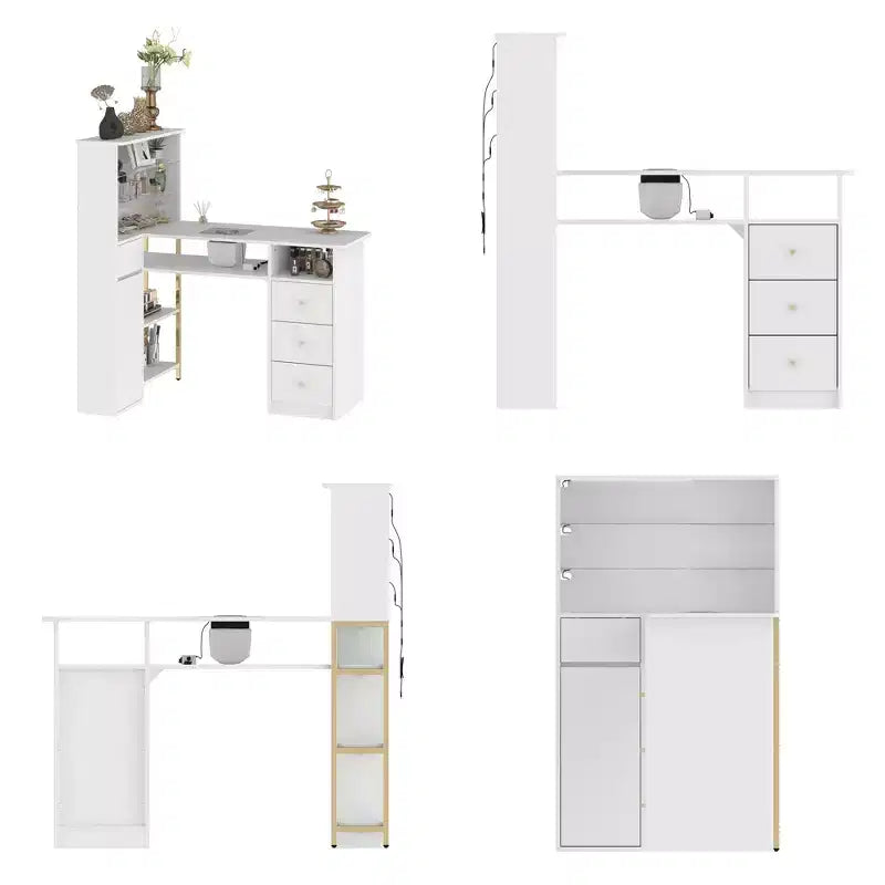 Tavolo Unghie Bianco con Aspiratore Integrato, Vetrina in Vetro Temperato, Maniglie Dorate, Postazione Salone Unghie, Tavolo Trucco