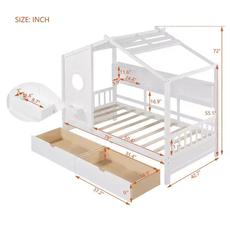 Letto a casetta in legno per bambini, piazza singola/matrimoniale, con 2 cassetti e ripiano portaoggetti - ModernLuxe