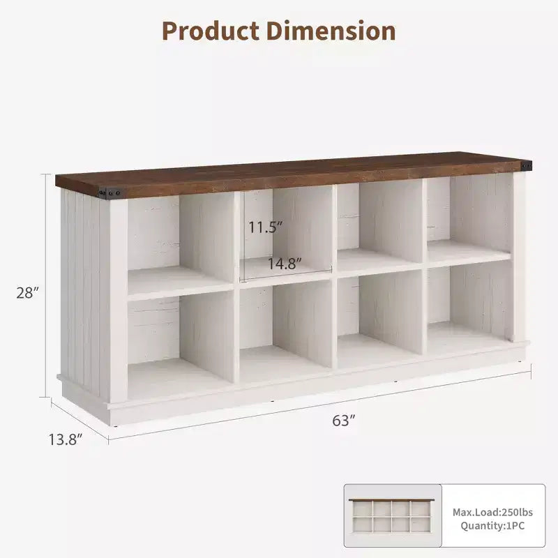 Libreria organizer a 8 cubi, libreria orizzontale rustica, libreria in legno da 62 pollici per ingresso, librerie lunghe e basse per soggiorno