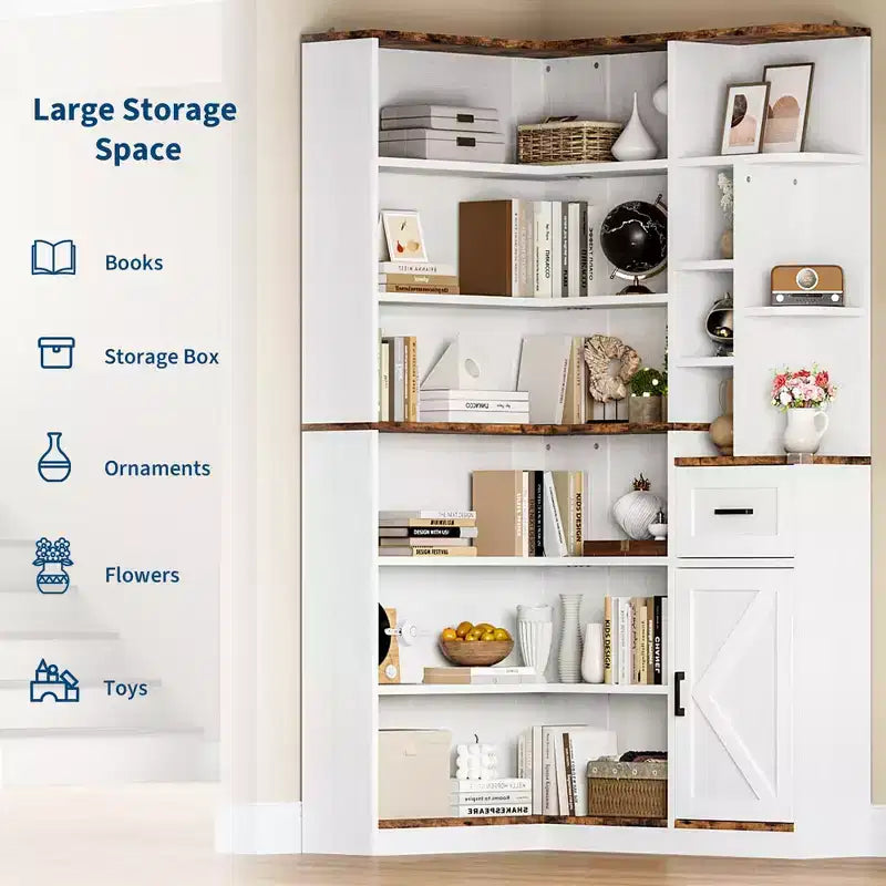 Libreria angolare, librerie angolari alte 74 pollici, libreria a forma di L a 6 livelli con ripiani aperti e cassetti portaoggetti per soggiorno o ufficio domestico