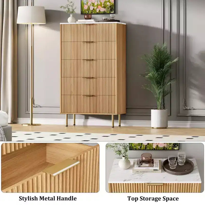 Comò a 5 cassetti bianco / marmo e legno – Pannello scanalato, per uso singolo