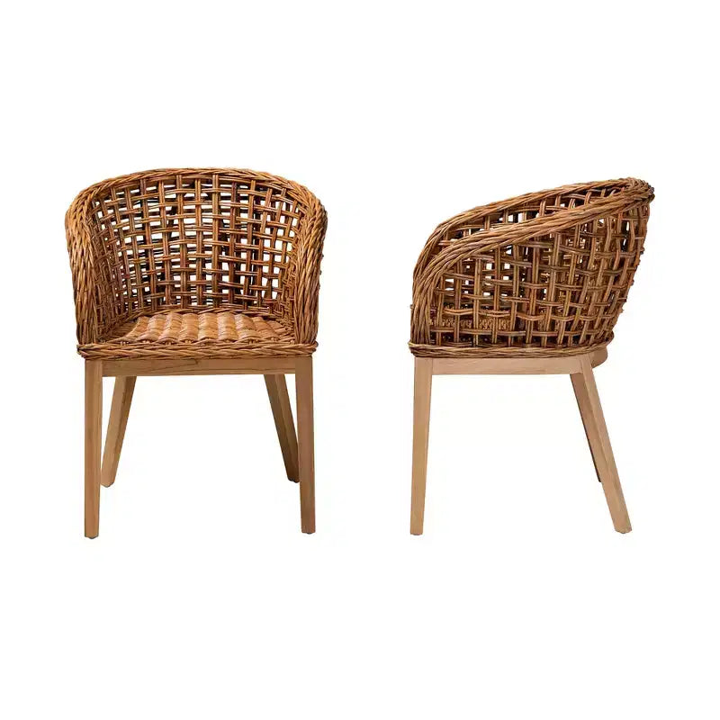 bali & pari Mario Set di 2 sedie da pranzo in legno di teak con finitura marrone naturale e rattan, stile bohémien moderno