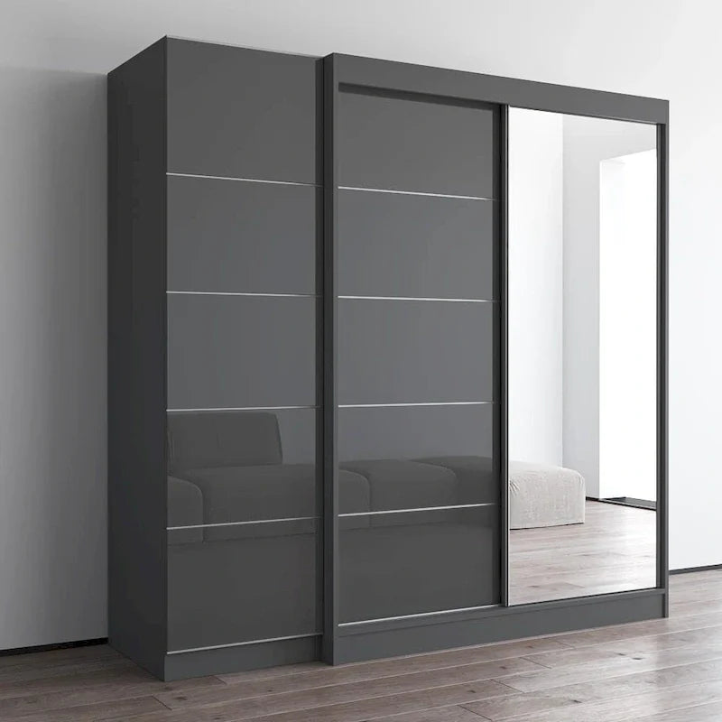 Armadio a 2 ante con specchio, frontale in vetro, 2 persone (grigio/nero/bianco)