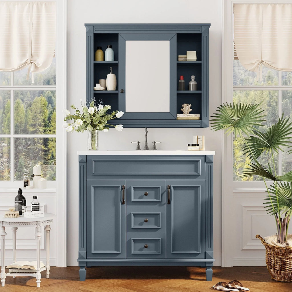 Mobile Bagno Moderno da 90cm con Lavabo Integrato e Specchiera, 2 Ante e 2 Cassetti