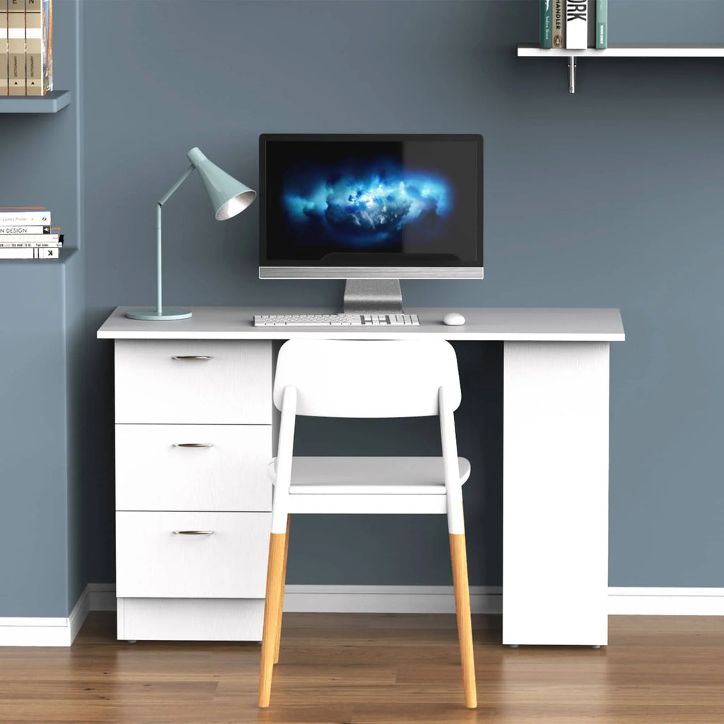 HOMCOM 47" Scrivania per Computer da Ufficio Moderna con Libreria, Tavolo da Scrittura Workstation con 3 Cassetti e Ripiano - Bianco