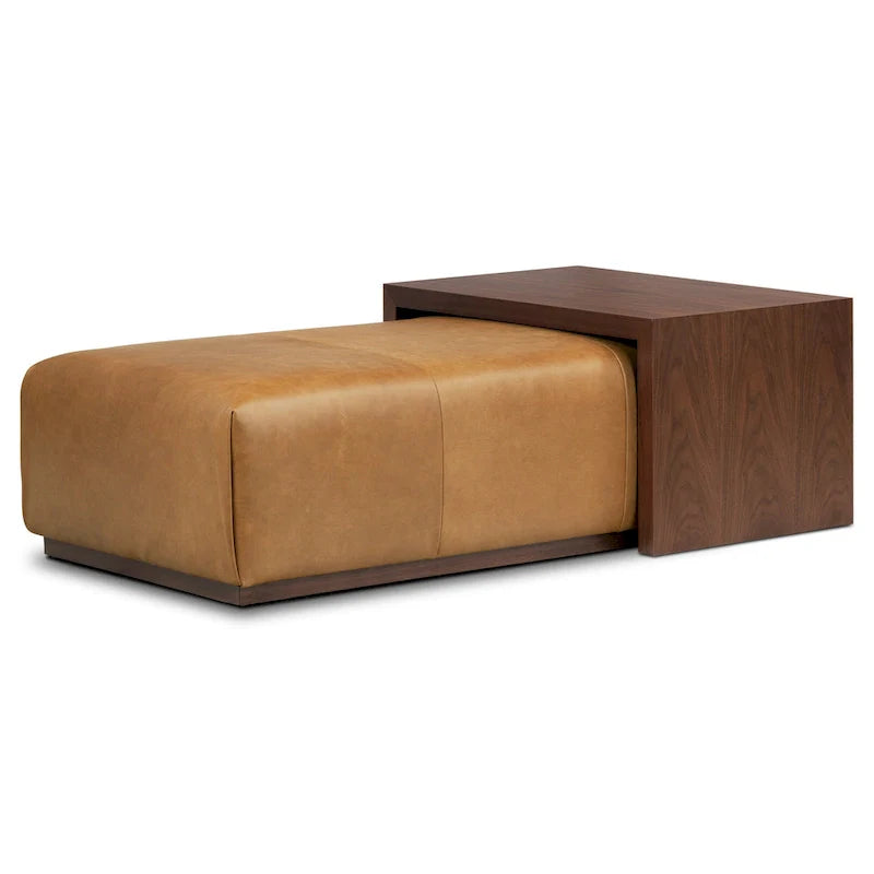 Pouf Jarmo Poly & Bark con Tavolino Regolabile in Noce - Vera Pelle Italiana Pieno Fiore