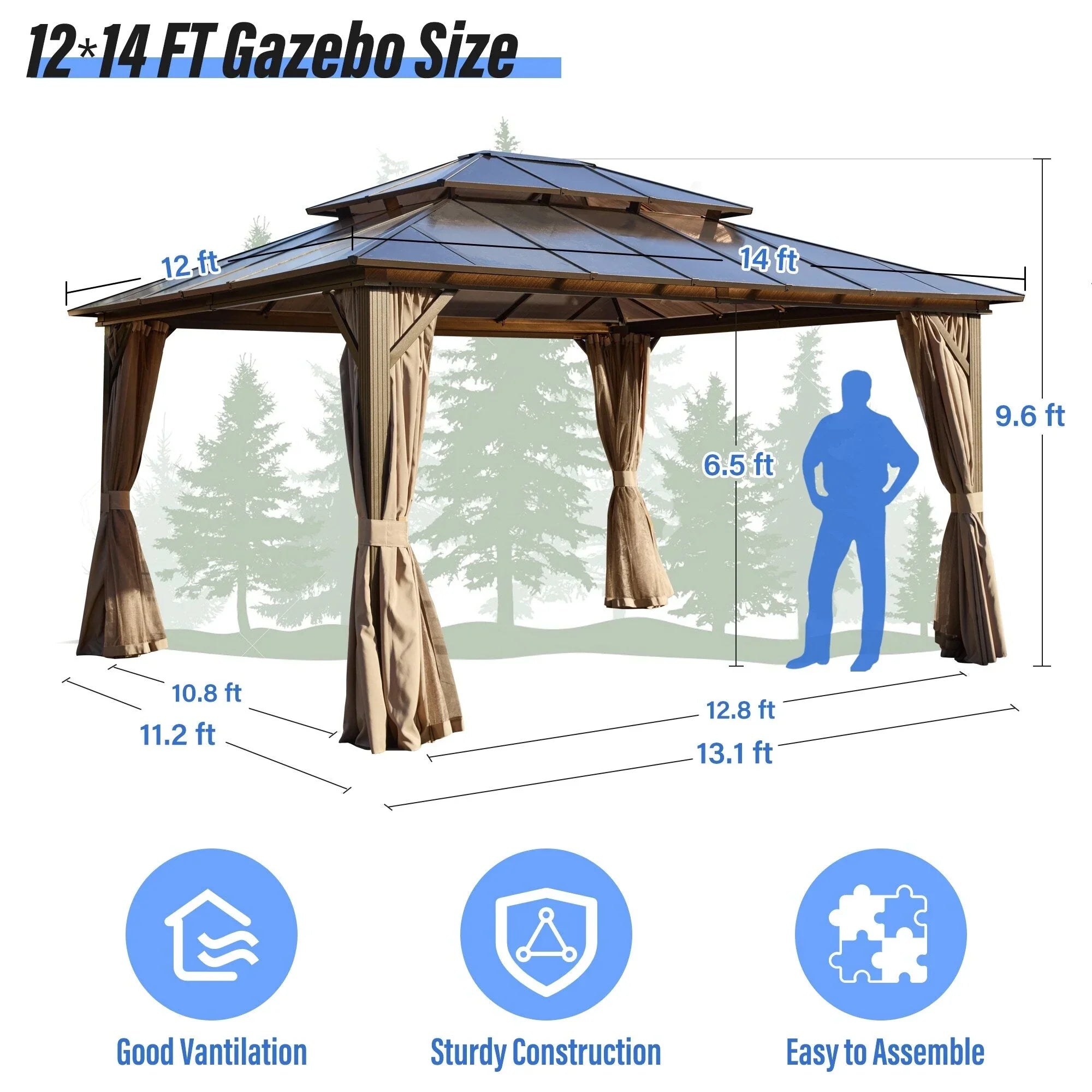EROMMY Gazebo a tetto rigido, Pergola da esterno con doppio tetto, zanzariere e tende, Tenda da sole resistente per patio, cortile, feste in piscina