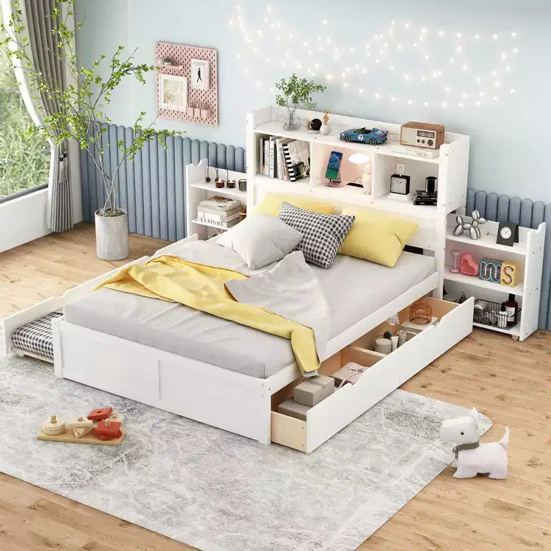 Letto matrimoniale con contenitore, rotelle estraibili, testiera libreria e stazione di ricarica, struttura letto in legno matrimoniale con mensole e cassetti