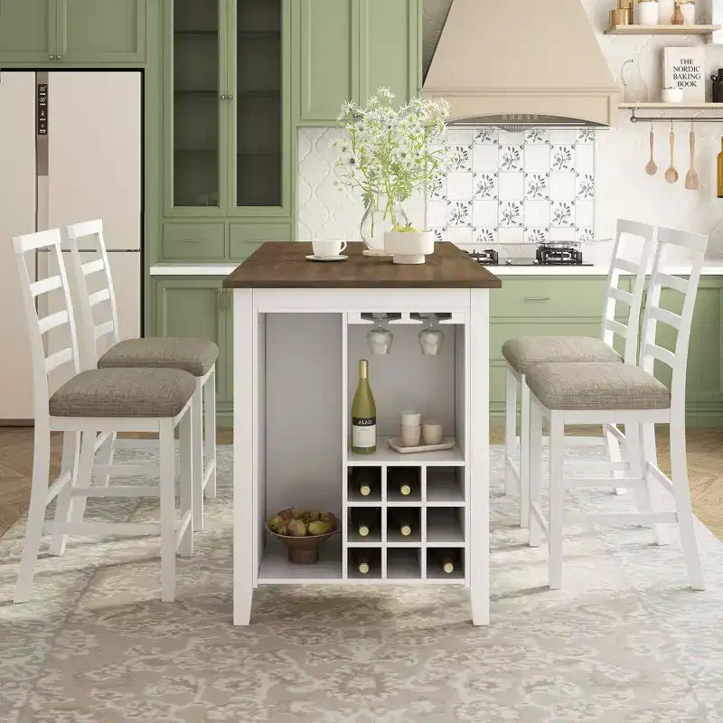 Set da pranzo da 5 pezzi in stile rustico ad altezza bancone con sedie per 4 persone, tavolo rettangolare in legno con ripiani e scomparto per bar/vino