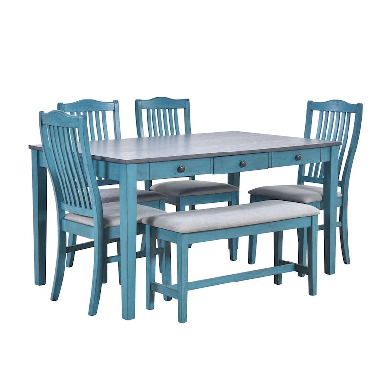 Set da pranzo di 6 pezzi in legno con 4 sedie e panca, tavolo con cassetto