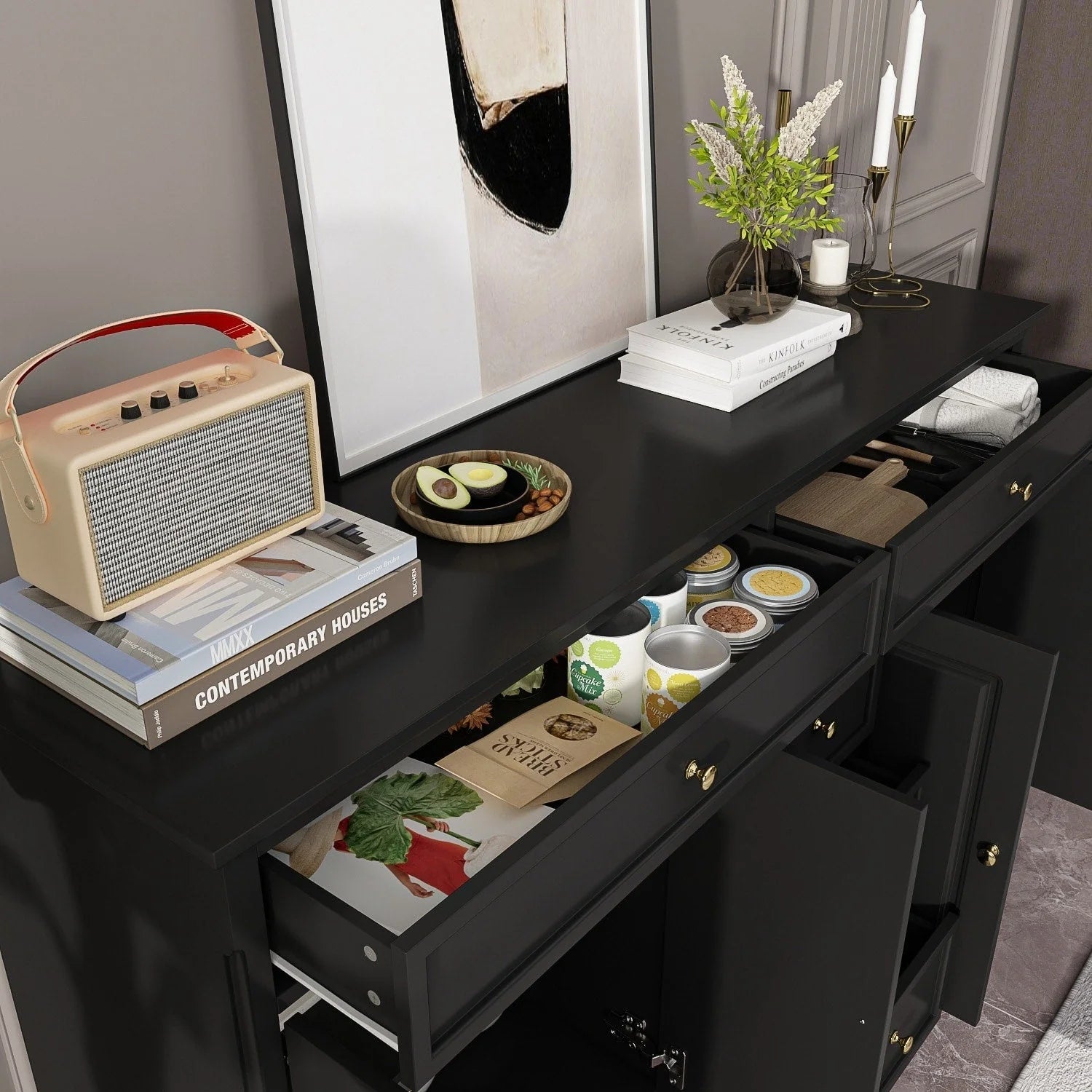 59.1'' Credenza Buffet Bianco Laccato Moderno Metà Secolo Contemporaneo