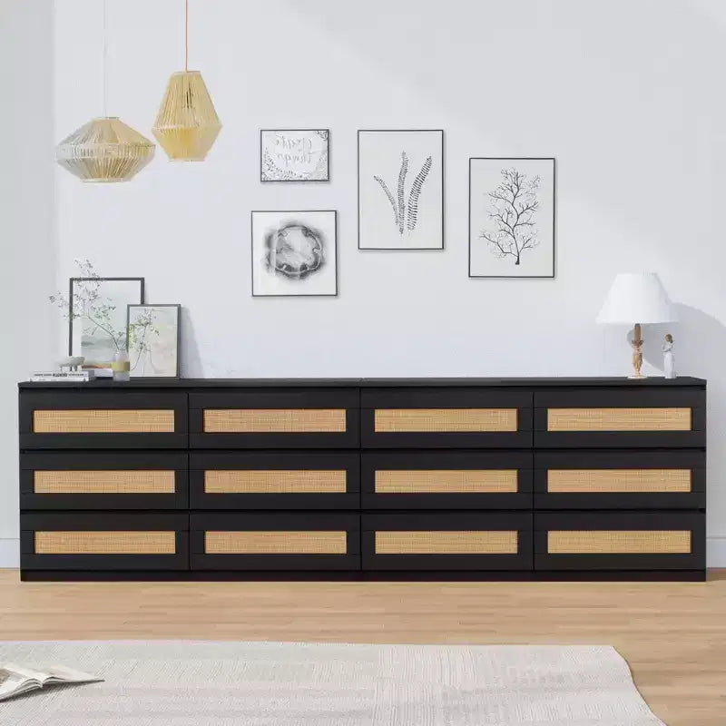 Cassettiera in Rattan per Camera da Letto con 6 Cassetti, Comò Largo Moderno in Stile Fattoria da 120 cm, Mobile Contenitore in Legno per Armadio, Soggiorno, Corridoio
