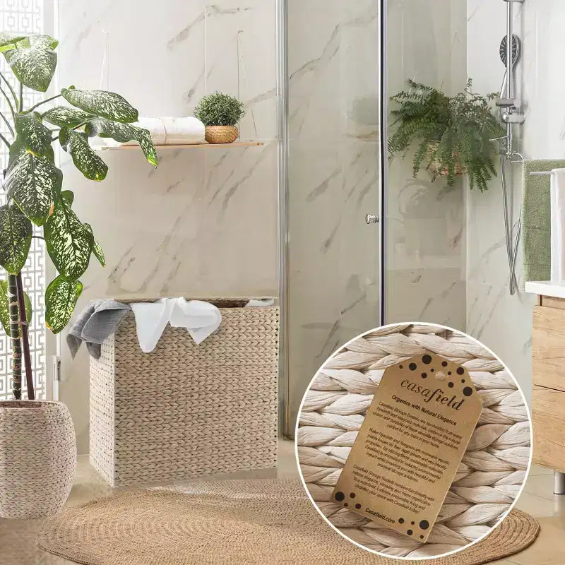 Casafield Cesto Portabiancheria a 2 Scomparti con Coperchio e Sacchi Rimovibili, Ordina Biancheria in Giunchino Intrecciato per Vestiti