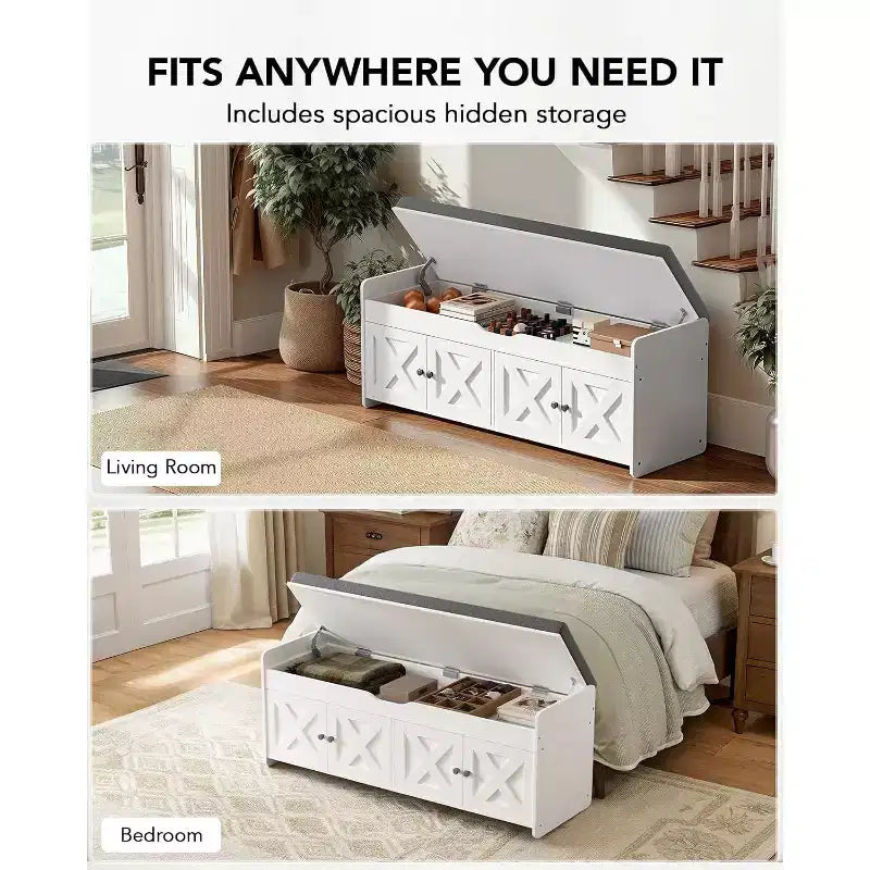 Panca scarpiera, panca da ingresso lunga 120 cm con seduta imbottita con coperchio sollevabile, 4 ante, capacità 136 kg, panca con scarpiera per ingresso