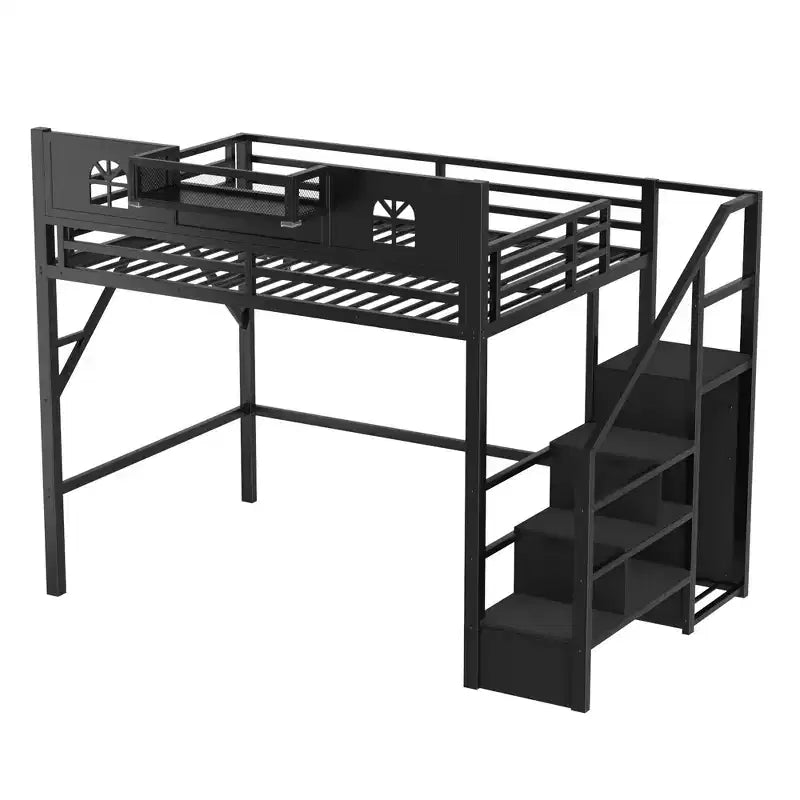 Letto a soppalco ModernLuxe matrimoniale/queen size con scale e armadio integrato, struttura letto in metallo con luci a LED, stazione di ricarica USB e ripiani portaoggetti