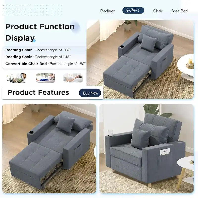 Poltrona letto trasformabile, 3 in 1, vari colori, per 1 persona