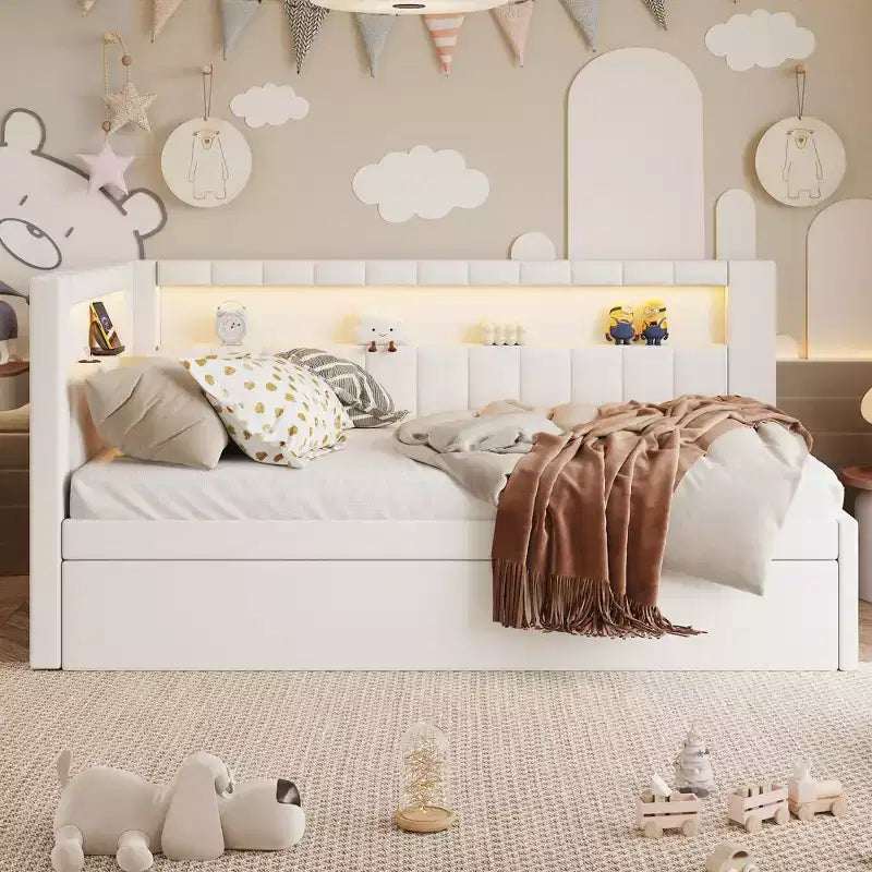 Letto da Giorno Twin/Full con Letto Estraibile e Testiera a Libreria a L, Letto Angolare Imbottito in Lino con Ripiani Portaoggetti e Cinghia a LED