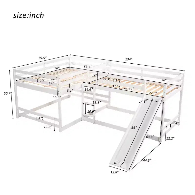 Letto a castello a L per 4 bambini, letto a castello quadruplo con scivolo, struttura in legno full e twin per cameretta dormitorio