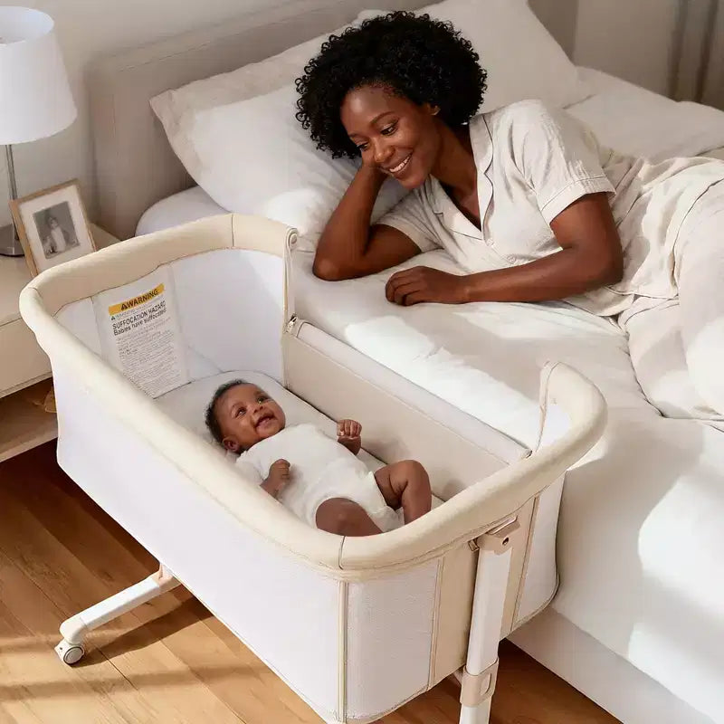 Culla Neonato con Ruote – Beige / Grigio / Rosa, Culla Fianco Letto, per 1 Neonato