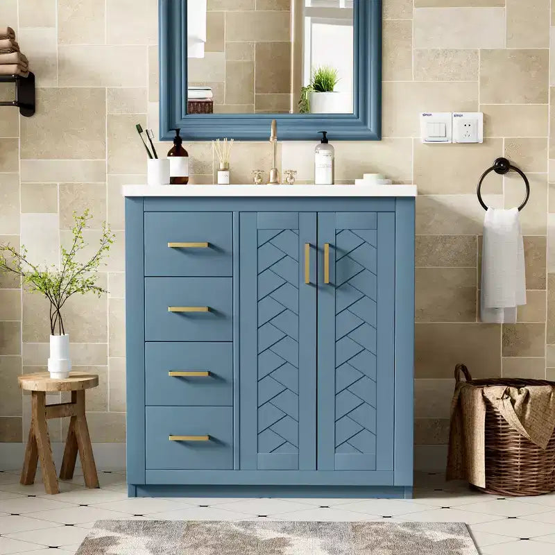 Meuble-lavabo de salle de bain à évier simple de 76 cm avec armoire et 3 tiroirs – Noir / Bleu / Vert / Indigo / Blanc