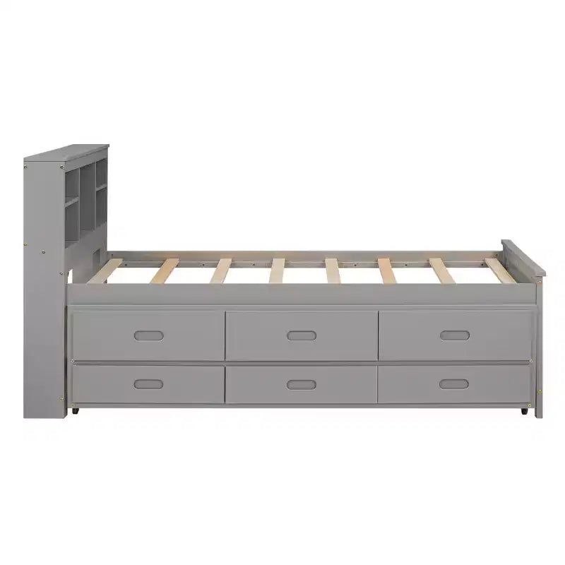 Letto a piattaforma con letto estraibile e cassetti, Letto a piattaforma contenitore con USB, Letto a piattaforma in legno con libreria