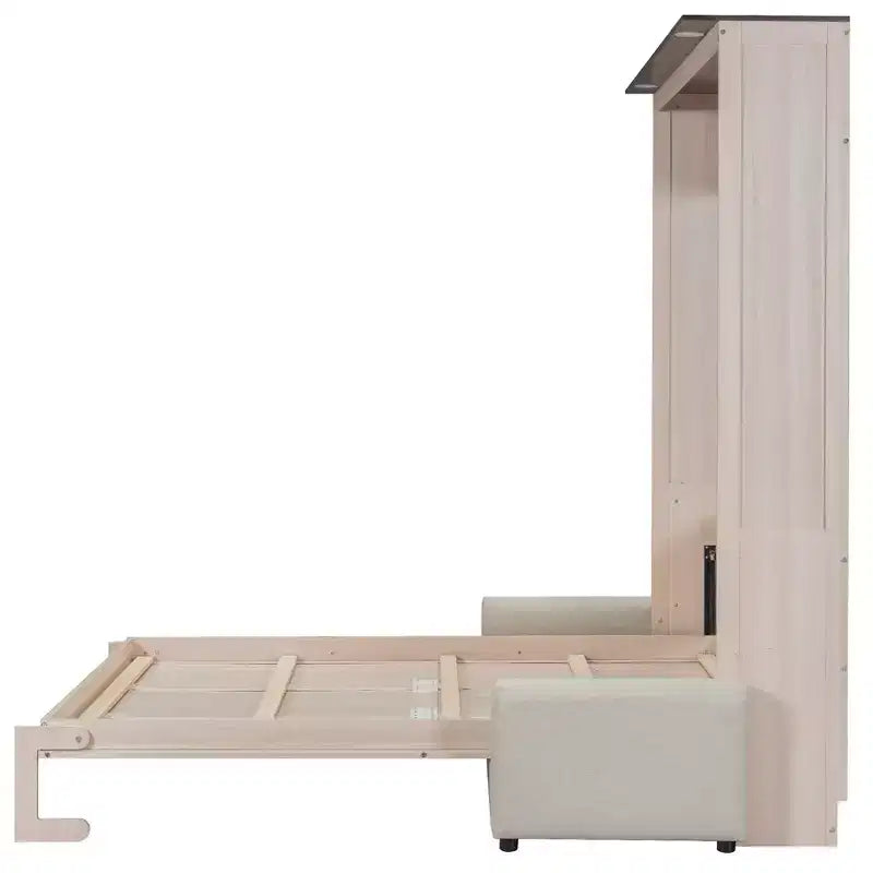 Letto a scomparsa Queen Size con divano, letto a scomparsa in legno Queen con luce LED, letto a cassapanca pieghevole con per camera degli ospiti, Beige