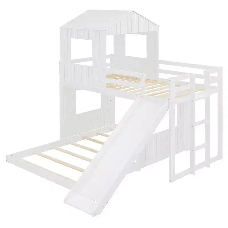 Letto a castello in legno Luxystar Twin Over Full con casetta da gioco, scivolo e sponde di protezione