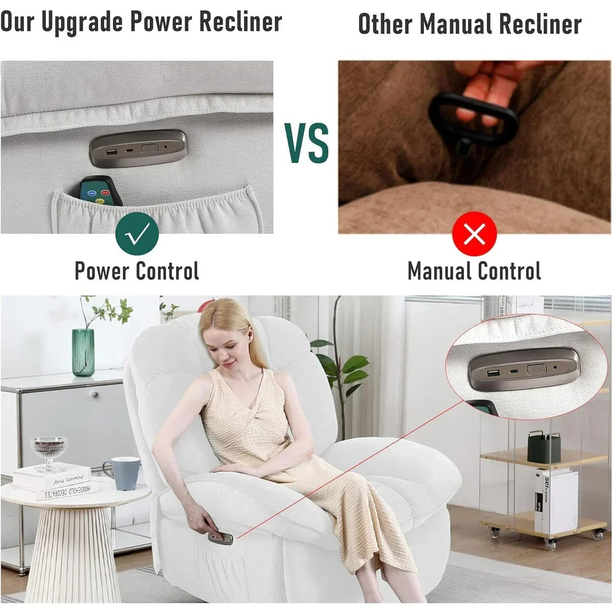 Poltrona reclinabile girevole XINMICS, poltrona a dondolo reclinabile con massaggio e riscaldamento, USB, USB-C e tasca laterale