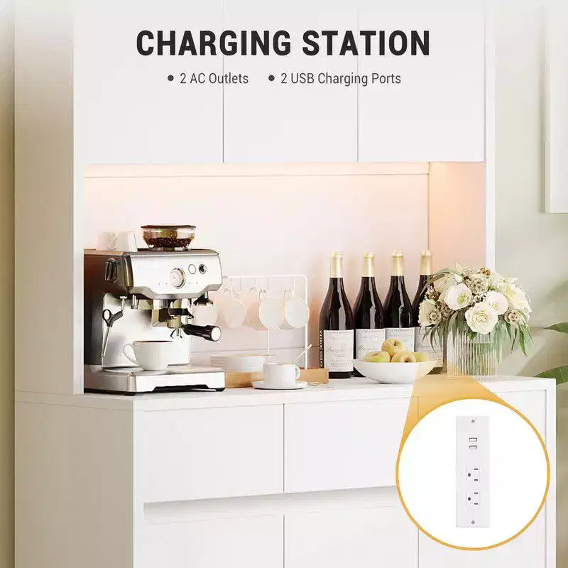 Mobile dispensa da cucina da 71 pollici, mobile dispensa con luci a LED e prese di corrente, mobile buffet con supporto per microonde, ripiani regolabili