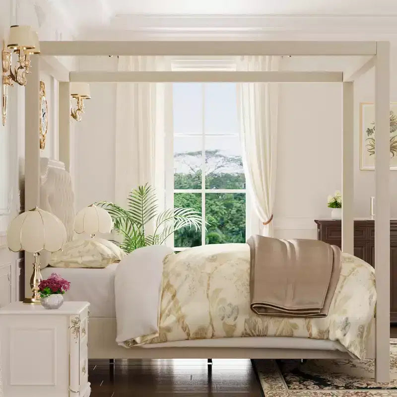 Cadre de lit à baldaquin Queen Size avec 4 poteaux, supports d'angle, sommier à lattes en bois massif, pas besoin de sommier tapissier, sans bruit