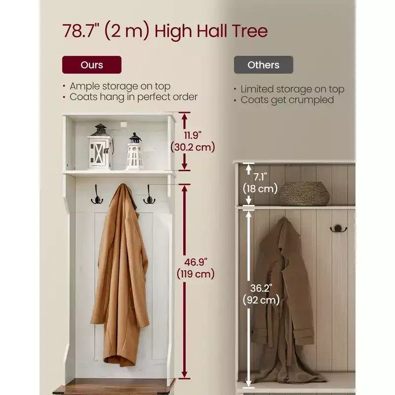 Albero da ingresso con panca e scarpiera, appendiabiti con panca per scarpe, mobili per ingresso, 3 ganci tripli, anta con maniglia, bianco rustico