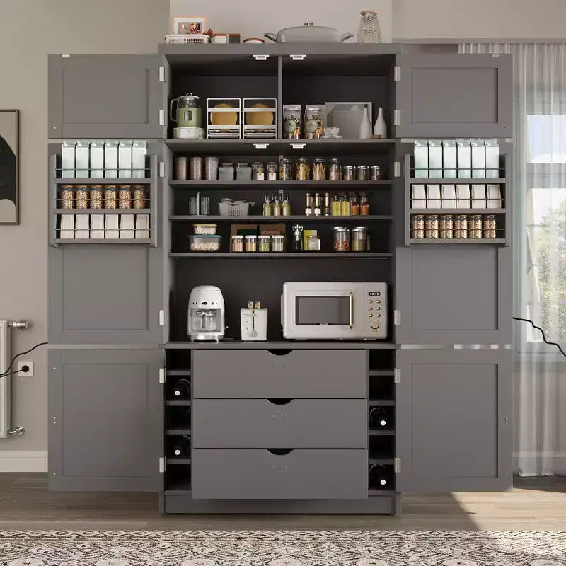 Dispensa Alta da Cucina con Prese di Corrente, Grande Credenza Autoportante con Supporto per Microonde, Cassetti, Scaffali, Portabottiglie e Ante con Ripiani
