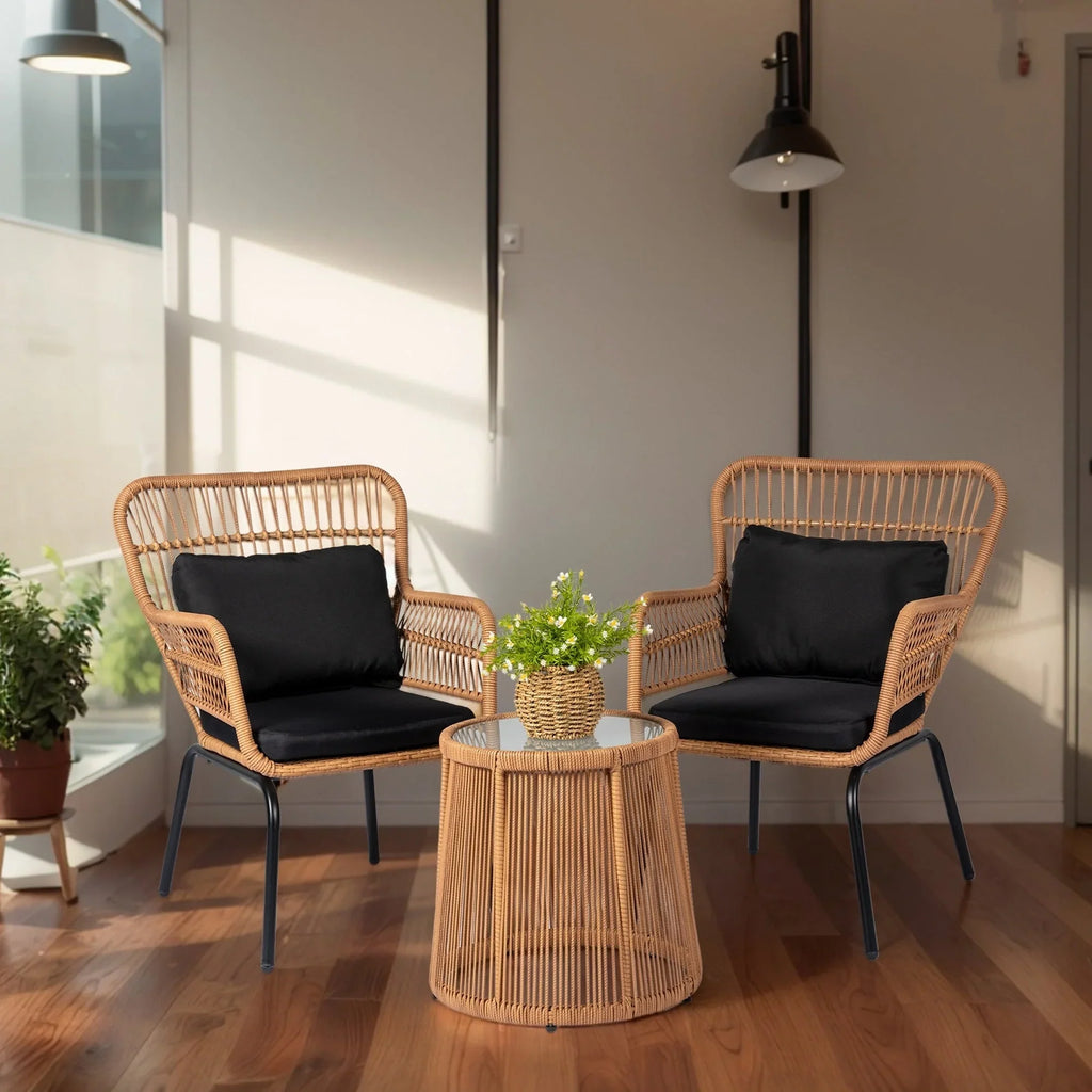 Set da Bistrò per Conversazione da Esterno a 3 Pezzi in Vimini, Set di Sedie da Patio in Rattan per Tutte le Stagioni con Cuscini