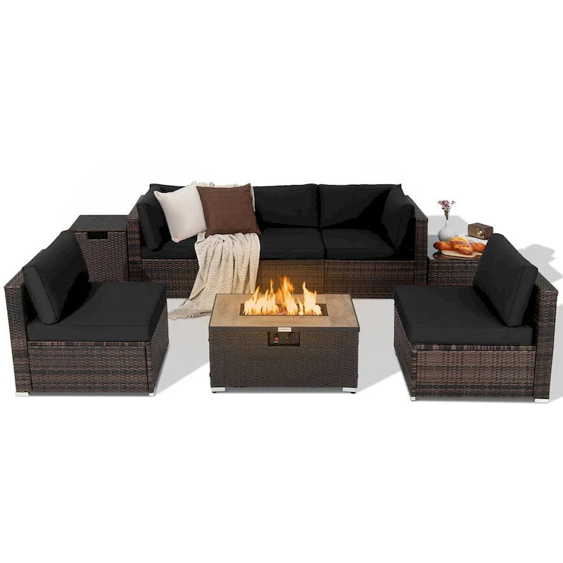 Set di mobili da giardino in rattan da 8 pezzi con braciere, supporto per bombole e copertura
