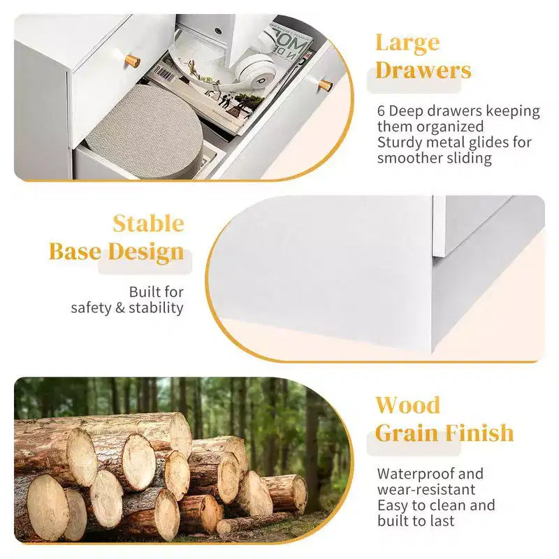 Karl Home Cassettiera Grande a 6 Cassetti per Camera da Letto e Comodino con Robusta Struttura Organizzatore Contenitore in Legno per Armadio, Bianco