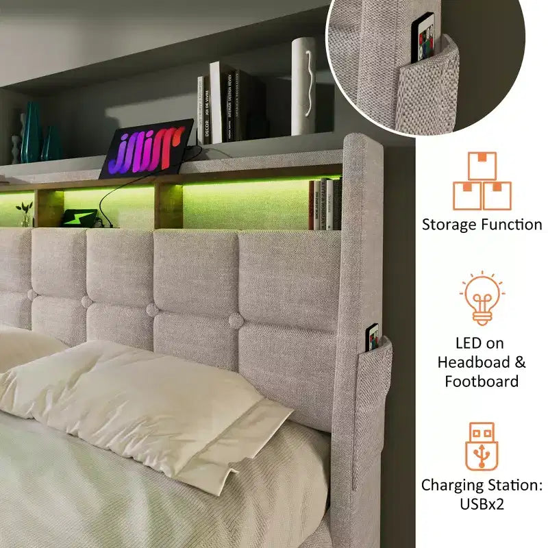 Letto Queen Size con Contenitore Idraulico, LED, USB, Testiera Imbottita, Nessuna Rete a Molle, Facile Montaggio