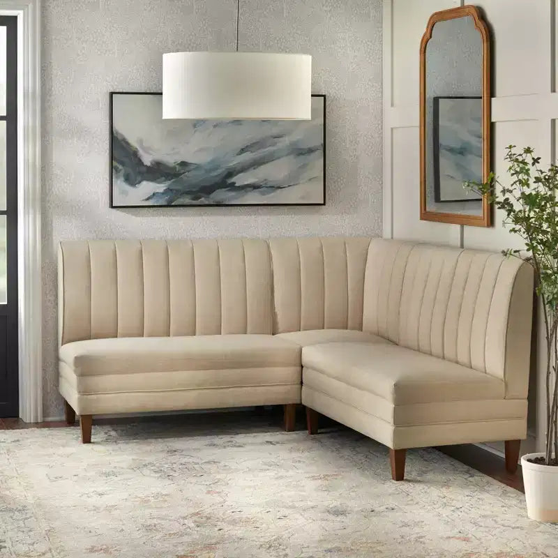 Lifestorey Set da Pranzo Banquette Kerrington con Schienale Canale, 4 Pezzi, Noce/Crema: Tessuto Effetto Lino, Tavolo con Piedistallo