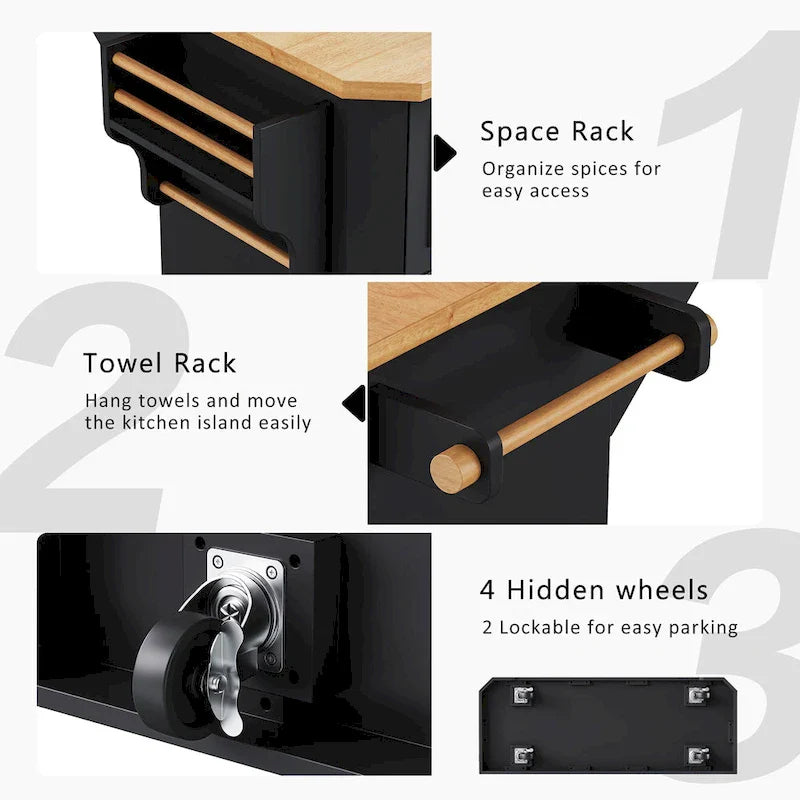 Isola Cucina Espandibile con Ante a Scomparsa, Carrello Cucina su 4 Ruote con Presa Elettrica, Tavolo Isola Mobile con 2 Ante e 6 Cassetti