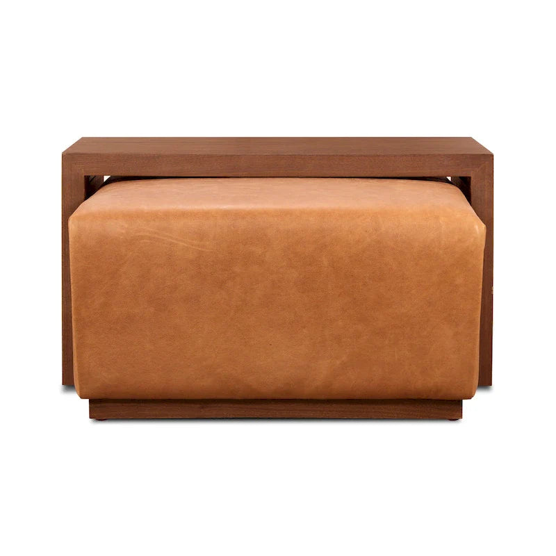 Pouf Jarmo Poly & Bark con Tavolino Regolabile in Noce - Vera Pelle Italiana Pieno Fiore