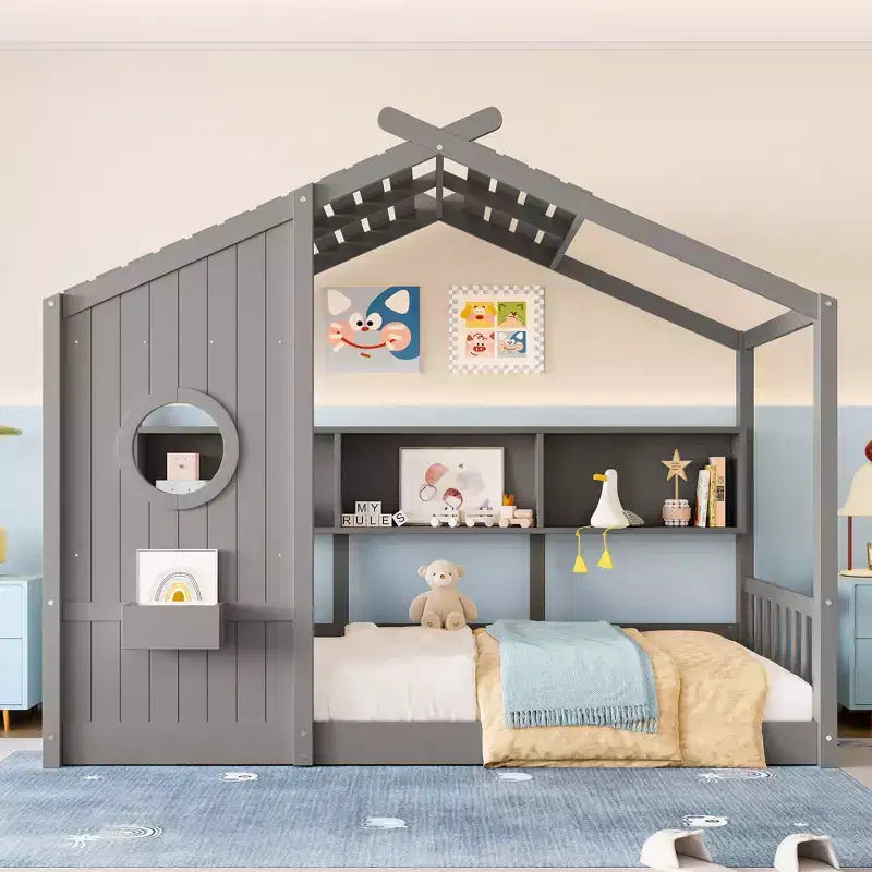Struttura Letto a Piattaforma per Bambini Doppia/Matrimoniale Letto da Terra per Bambini Letto Montessori Letto a Casetta con Ripiano Portaoggetti - ModernLuxe