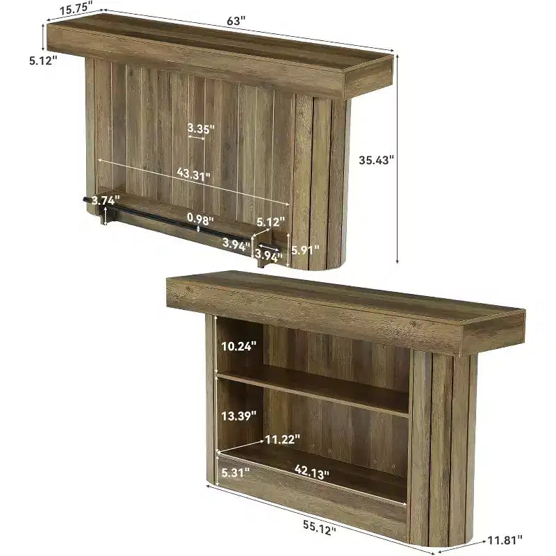 Table de bar Lantine, meuble de bar en bois de 160 cm avec repose-pieds en métal, table de bistrot avec étagères de rangement pour salon, bistrot, salle à manger (marron)