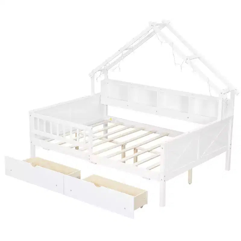 Struttura letto a casetta a grandezza naturale con cassetti, letto a piattaforma a casetta con luci LED, mensole e cassetti portaoggetti, divano letto in legno con tetto e sponda