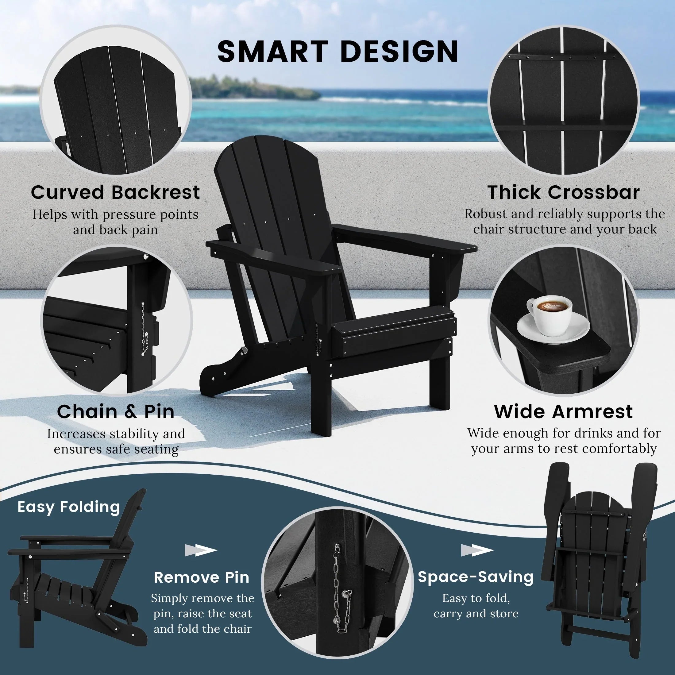 Polytrends Laguna Sedia Adirondack Pieghevole da Esterno per Patio Resistente allo Sbiadimento e alle Intemperie