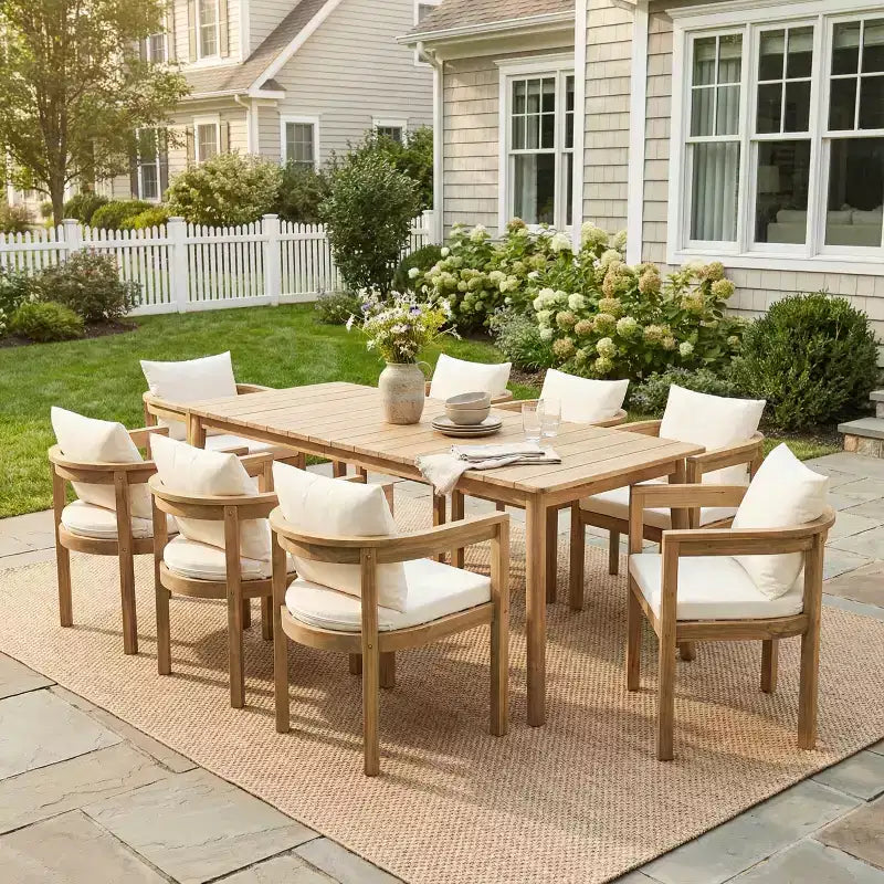 Christopher Knight Home Irene Set da pranzo da esterno rustico a 9 pezzi in legno di acacia con sedie con schienale curvo e cuscini